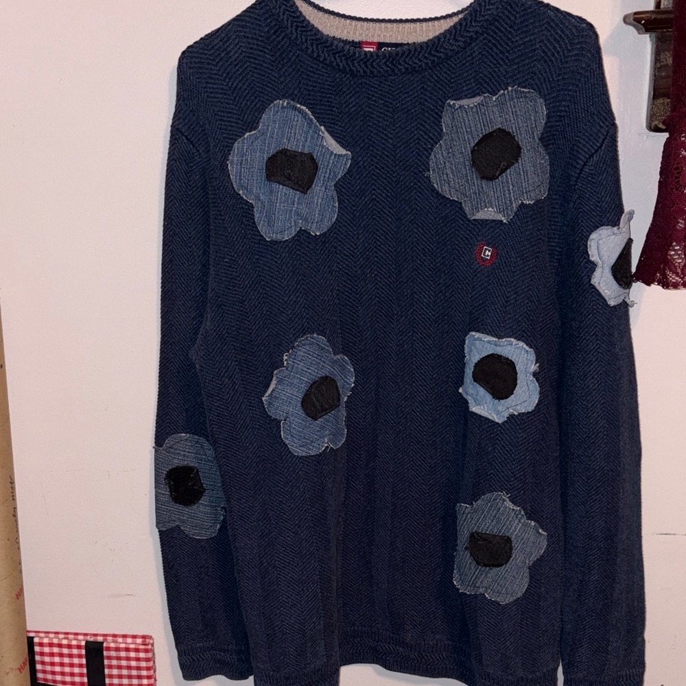 Chaps Blue Sweater with Denim Floral Details